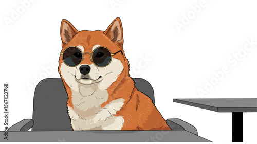 Shiba Inu dog sitting in chair with sunglasses, making a cool and funny design for logos or printable stickers for pets, t-shirts and more.