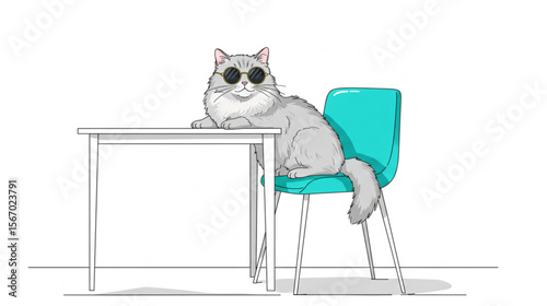 A fluffy gray cat wearing sunglasses is relaxing on a turquoise chair next to a table, perfect for comical designs or humorous pet-related graphics.