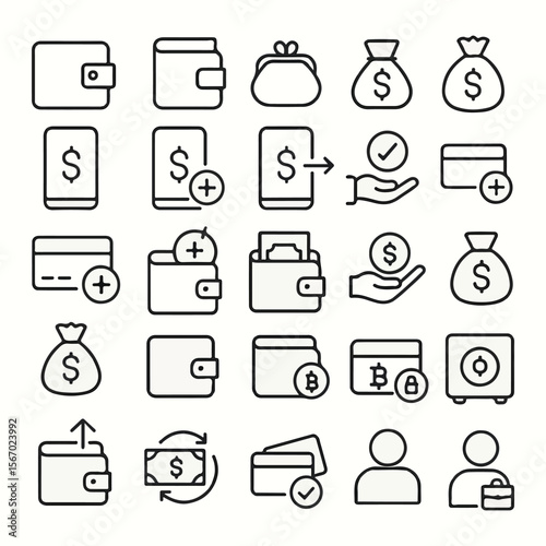 Money and Wallet Line Icons Set – Finance Payment Vector Symbols PNG

