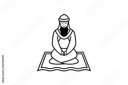 Muslim Woman Praying on a Prayer Rug in Simple Black and White Silhouette