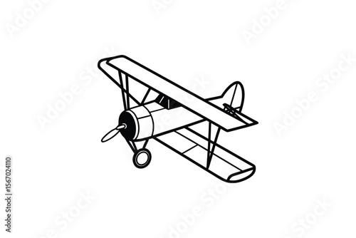 Vintage Biplane Aircraft Illustration in Black and White Silhouette Style