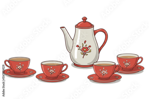 Charming tea party setup featuring an elegant teapot and delicate teacups, perfect for branding or creating invitations for tea themed events.