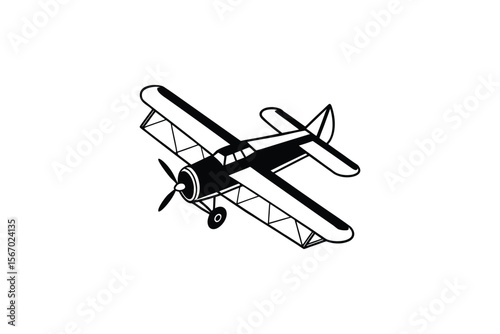 Vintage Biplane Airplane Flying Vector Illustration in Black and White Silhouette