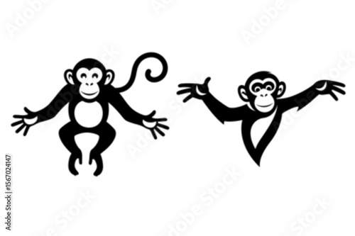 Two playful monkey graphics are presented in black silhouette, perfect for logo designs and branding materials related to jungle themes.