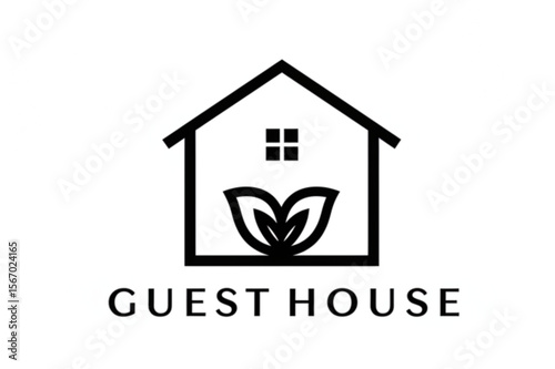 Stylish house graphic incorporating leaf elements suitable for eco-friendly real estate or sustainable accommodation logos.