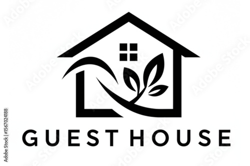 Elegant guesthouse icon featuring a home outline and stylized leaves, ideal for logo design or branding initiatives.