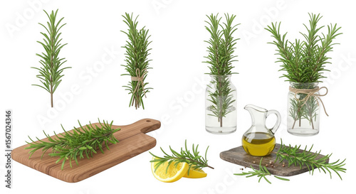 Fresh Rosemary Sprigs with Olive Oil and Lemon for Cooking and Garnishing, isolated on a transparent background