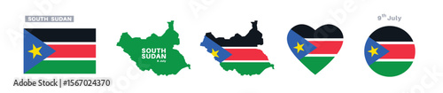 south sudan flag and map set. south sudanflag in official colors and proportions. independence day 9 july, map, circle and heart shaped south sudan