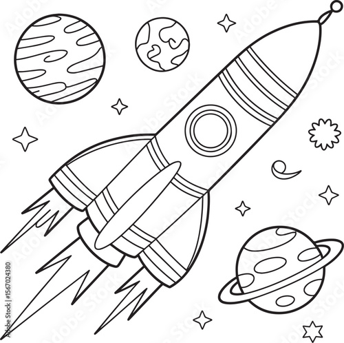 Rocket soaring through space with planets and stars, perfect for space, education, or adventure designs.