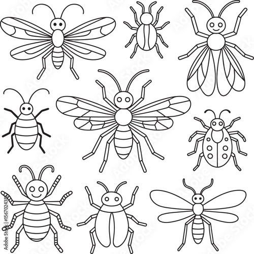 Collection of various insects (ants, flies, beetles) for nature, science, or educational designs.