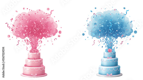 Reveal cakes with blue and pink smoke, perfect for gender reveal parties or baby shower announcements, offering a delightful surprise.