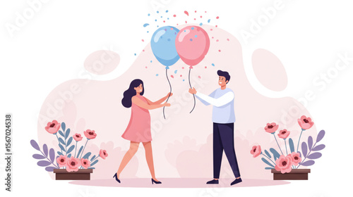 Celebrate with this festive gender reveal party scene showing balloons, flowers, and happy parents-to-be in a delightful design.