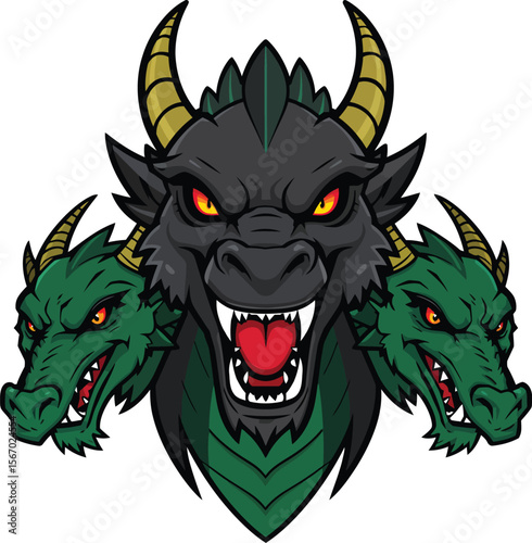Powerful three headed dragon hydra mascot logo icon vector illustration