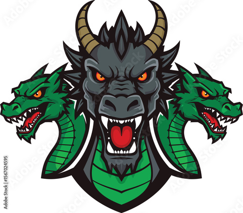 Fierce three headed dragon hydra mascot logo icon vector illustration