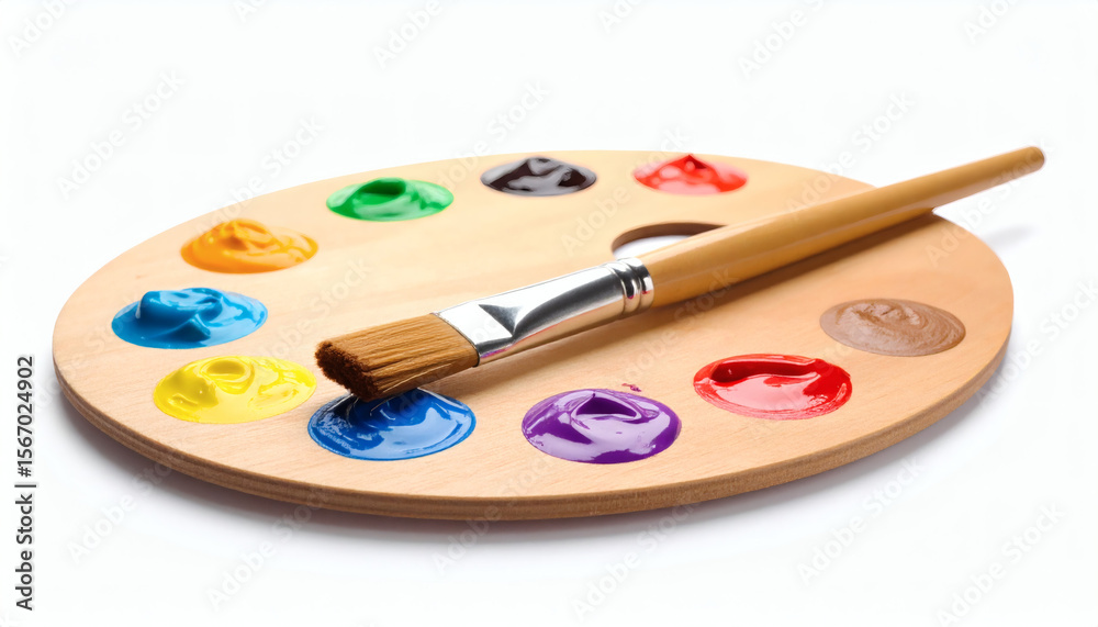 Paint palette and brush in vibrant painterly style on white background for colorful and artistic painting tool design concepts Paint palette and brush in vibrant painterly style on white background for colorful and artistic painting tool design concepts