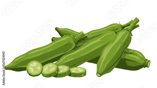 Fresh okra pods and sliced pieces are presented in a vibrant arrangement, useful for recipes or healthy eating designs.