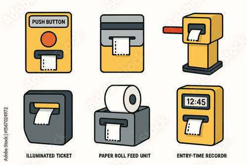 Retro ticket machine components with paper roll units and push button vector icon isolated illustration