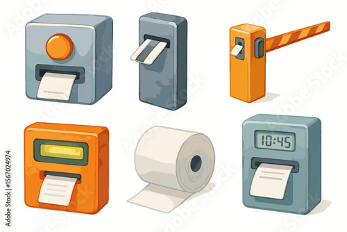 Illustrated parking and ticket machines with paper roll elements vector icon isolated illustration