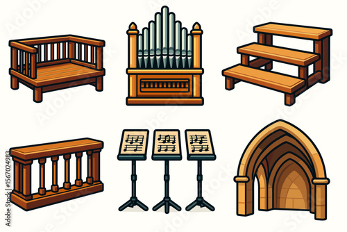Cartoon church furniture and architecture icons set vector icon isolated illustration