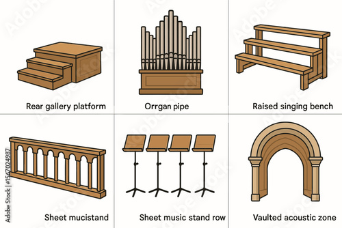 Church choir elements with organ pipes, platform, and music stands vector