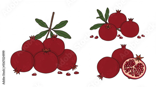 Charming pomegranates arranged in elegant groups, with leaves and seeds, perfect for branding in food businesses or decorative arts.