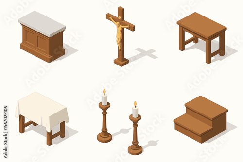 Isometric church furniture set with altar, crucifix, and candlesticks vector icon isolated illustration