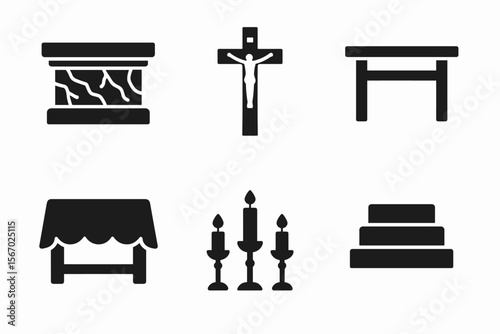 Set of religious icons: cross, candlesticks, altar, canopy, podium, table vector icon isolated illustration
