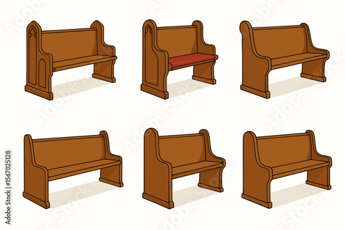 Variety of wooden church pews with decorative details vector icon isolated illustration