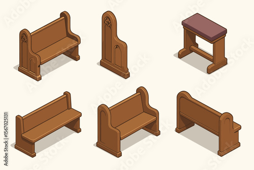 Wooden church pew and stool variations vector icon isolated illustration