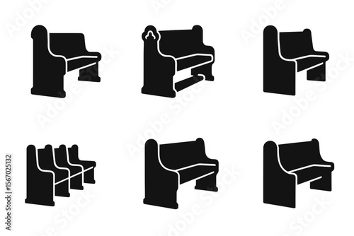 Set of six black church pew silhouettes in various designs vector icon isolated illustration