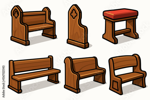Illustrated wooden church pews and benches collection vector icon isolated illustration