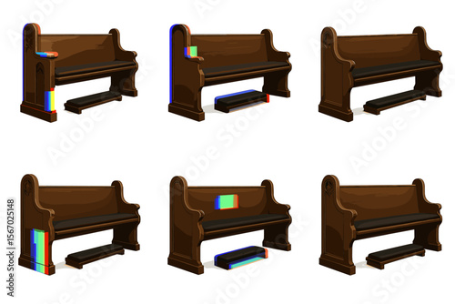 Wooden church pews with rainbow books and black cushions in grid layout vector icon isolated illustration