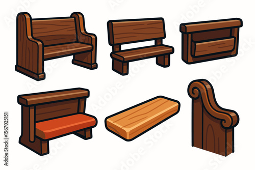 Collection of cartoon wooden benches and seats vector icon isolated illustration