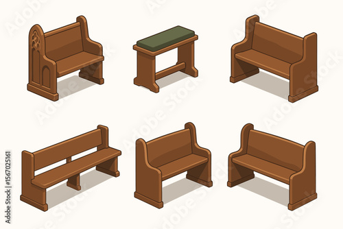 Wooden church pews set with green-cushioned bench in various designs vector icon isolated illustration