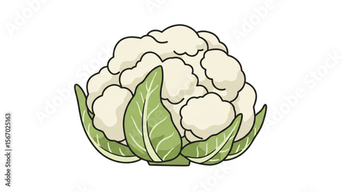 Fresh cauliflower with green leaves, a charming culinary graphic for healthy food promotions or vegetable-themed designs.