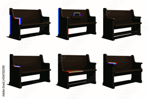 Set of six wooden church pews with book holders in various arrangements vector icon isolated illustration