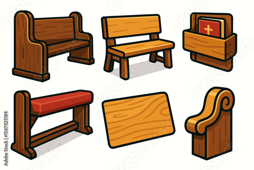 Variety of wooden church furniture and accessories vector icon isolated illustration