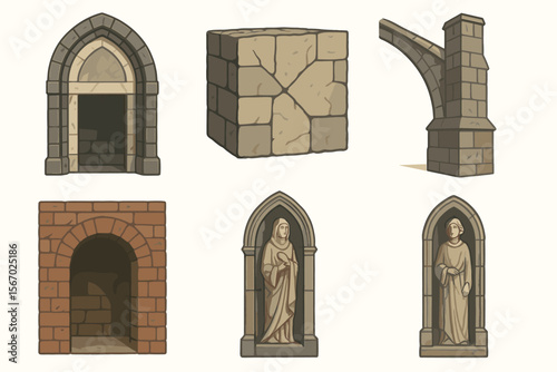 Medieval stone structures and sculptures collection vector icon isolated illustration