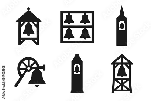 Bell tower silhouettes in various structures on white background vector icon isolated illustration
