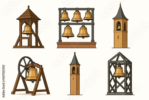 Collection of various bell towers and structures in illustration vector icon isolated illustration