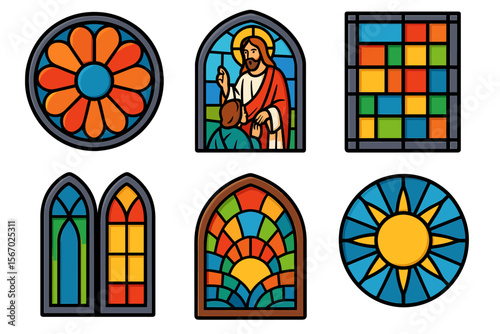 Colorful stained glass windows with geometric and religious designs vector icon isolated illustration