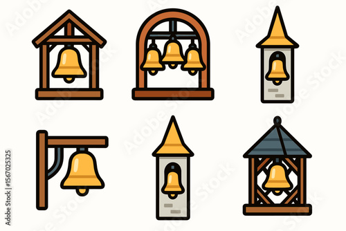 Illustrated bell designs: iconic structures with wooden frames and arches vector icon isolated illustration