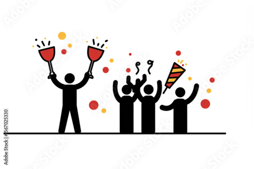 Cheering figures celebrating with champagne flutes and party popper graphic for event designs, party invitations, and holiday themes.