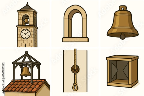 Illustrated bell tower elements with bells and architectural details vector icon isolated illustration