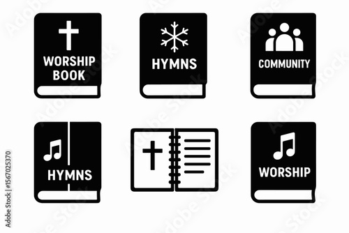 Worship and hymns icons collection: books, music, community symbols vector icon isolated illustration