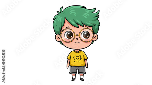 Cheerful kid with green hair and eyeglasses showcases a playful charm suitable for children's designs and friendly character themes.