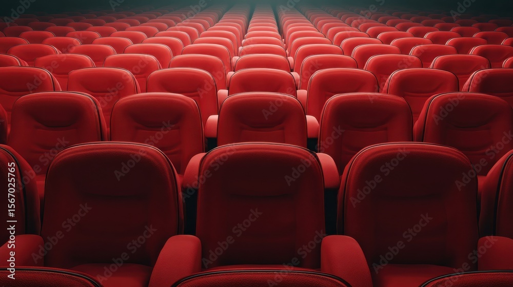 Fototapeta premium Rows of red cinema or theatre seats arranged neatly against a plain background, evoking a sense of anticipation and readiness for a performance or film.