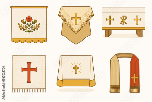 Christian altar cloth designs with cross motifs and embroidery details vector icon isolated illustration