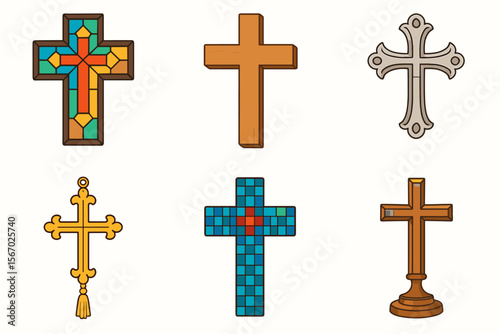 Various cross designs: stained glass, wooden, metal, and decorative styles vector icon isolated illustration