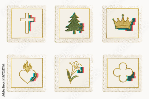 Embroidered symbols: cross, tree, crown, heart, flower, clover on lace background vector icon isolated illustration